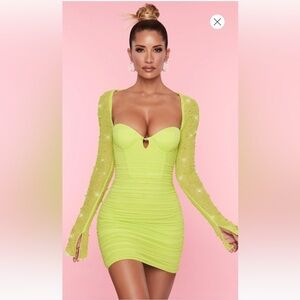 Embellished Long Sleeve Mini Dress in Lime